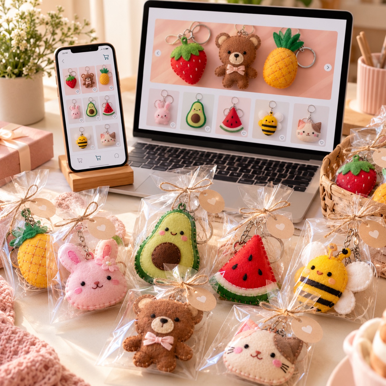 cartela com chaveiros de feltro de frutas e bichinhos, embalados em saquinho