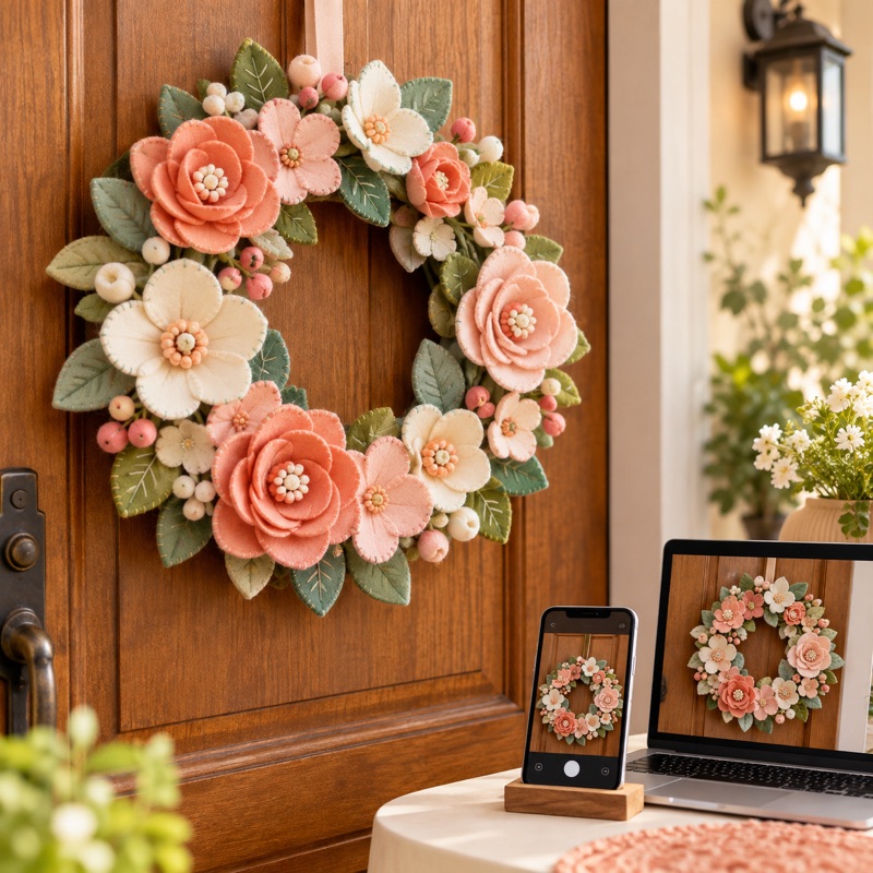 Guirlanda de flores de feltro em tons pastel numa porta de madeira