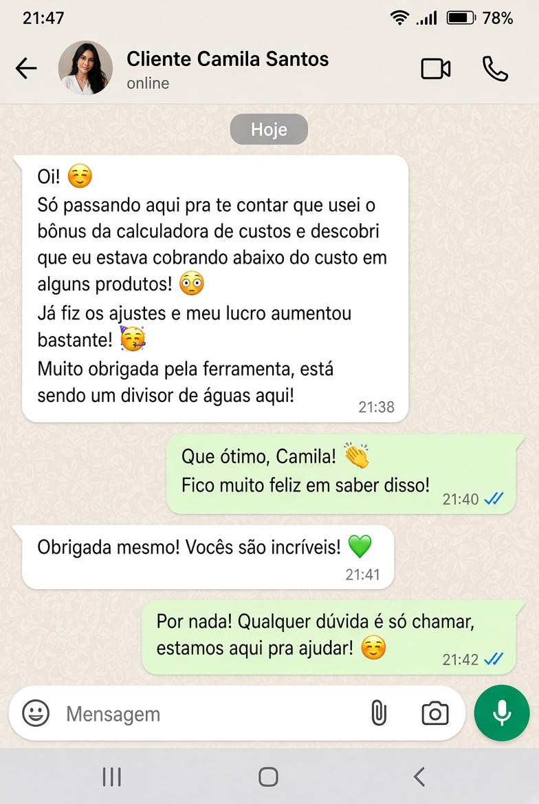 Conversa no WhatsApp com depoimento de Camila Santos